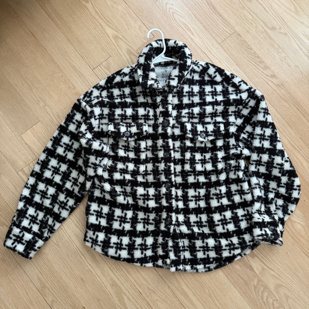 Plaid Style Fleece Jacket Black and White Oversized Small